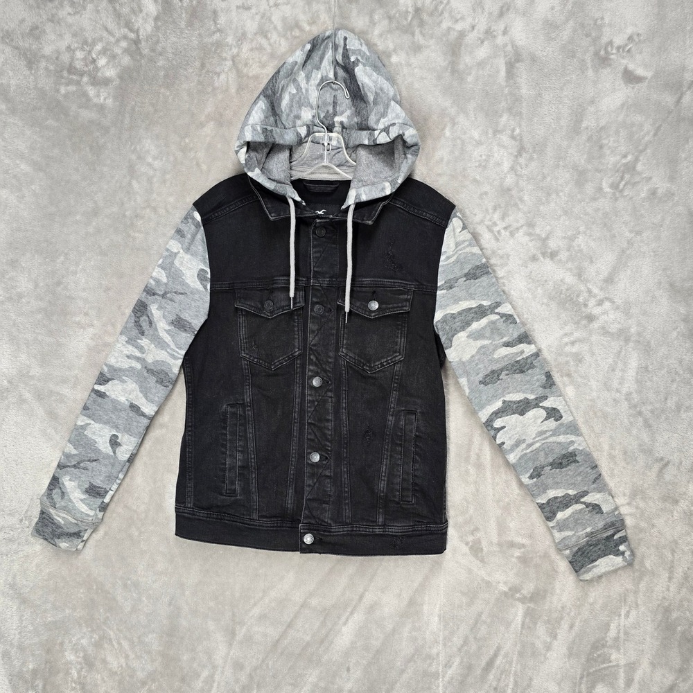 Hollister Denim Jacket Mens XS Black Camo Sleeve Hooded Epic Flex Distressed